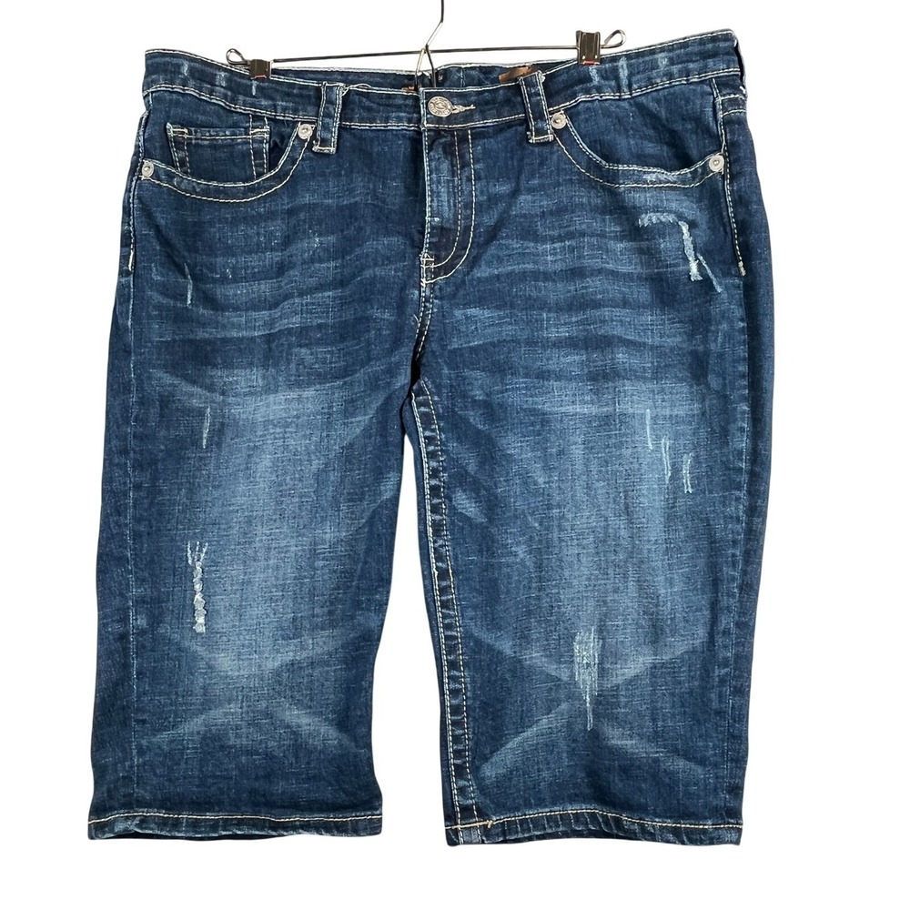 Seven7 Womens 16 Bermuda Shorts Denim Distressed Stretch Y2K Bling Pocket Blue